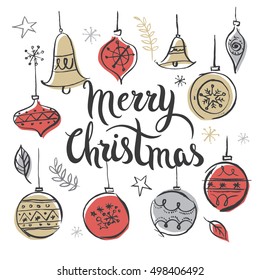 Christmas hand drawn set with Christmas balls and Merry Christmas handwritten calligraphy. Vector illustration.