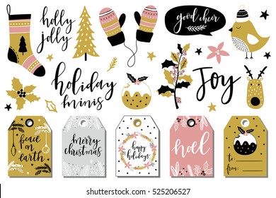 Christmas hand drawn set - calligraphy, gift  tags, animals and other elements. Vector illustration.