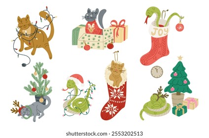 Christmas hand drawn set with cats and snakes in holiday settings. Vector drawing in flat style isolated on white background. Perfect for cheerful holiday cards,and seasonal designs