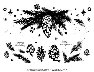 Christmas hand drawn set with coniferous branches and fir cones, stars, badyan and mistletoe. Black and white sketch elements for new year design