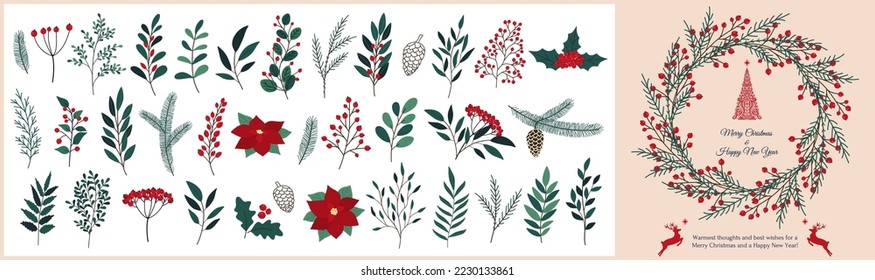 Weihnachtshandgezeichnet Set von Poinsettia, Blätter, Äste, Beeren, heilig, Kiefernkegel, Guelderrose. Winterblumenhaus-Kollektion. Vektorgrafik-Elemente. Weihnachtsrentiere und Weihnachtsbaum