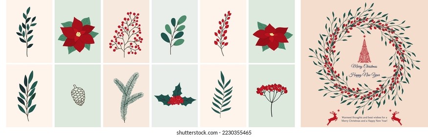 Christmas hand drawn set of poinsettia, leaves, branches, berries, holly, pine cone, guelder rose. Winter floral cozy collection. Vector sketch elements. Christmas reindeer and Christmas tree
