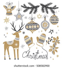 Christmas hand drawn set with Christmas tree branch, deer, balls and mittens. Vector illustration.