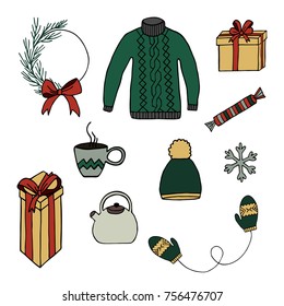 Christmas hand drawn set with winter clothes, pine wreath, cup and gifts. New year hand drawn cute elements on white background. Doodle style.