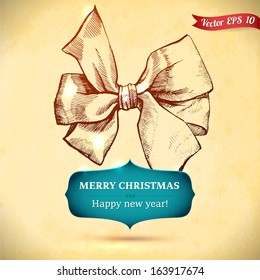 Christmas hand drawn silk bow for xmas design. December holiday symbols and images for use in graphic art design. Merry Christmas and Happy New Year. Vintage background Old paper texture
