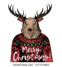 Christmas Hand drawn Sketch Deer in sweater. Template for xmas design.