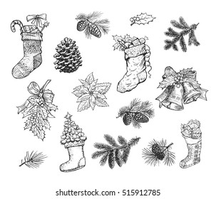 Christmas hand drawn sketch of gift stocking sock, pine wreath, fir cone, spruce branch, holly leaf bow, bauble ball, bell, Santa winter boot, Christmas tree. Isolated vector icons on blackboard