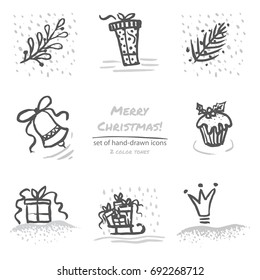 Christmas hand drawn sketch icons on white background Few color tones Vector illustration