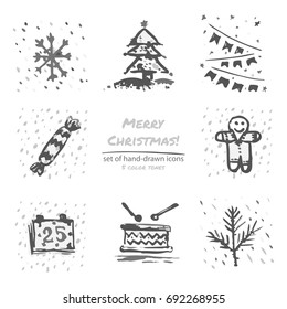 Christmas hand drawn sketch icons on white background Few color tones Vector illustration