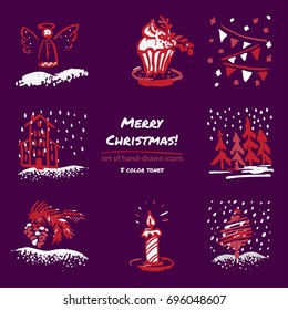 Christmas hand drawn sketch icons on dark purple background Few color tones, red, white, gray. Vector illustration