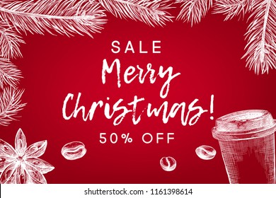 Christmas Hand drawn Sketch on red background with coffee. Sale banner template for xmas design.