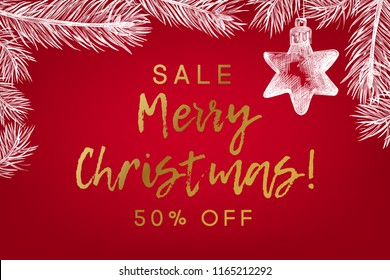 Christmas Hand drawn Sketch on red background with ball. Sale banner template for xmas design.