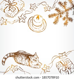 Christmas hand drawn sketch vector background with spruce branch, candle, gifts, cat and garland. Vintage christmas template for text in golden and white colors. Christmas greeting card, poster