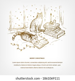 Christmas hand drawn sketch vector background with books, cats, candle and garland. cats are sitting on the windowsill. Vintage christmas template for text. Design for flyer, card, invitation