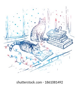 Christmas hand drawn sketch vector white background with books, cats, candle and garland. Cats are sitting on the windowsill. Vintage christmas illustration in blue color
