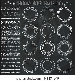 Christmas Hand drawn snow brushes,wreath,circle frame.New year doodle pattern textures,snowflakes, stars,point ornament.Decoration vector set.Winter symbols.Brushes included.Chalkboard background