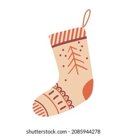 Christmas hand drawn sock or stocking with pine tree. Traditional decorative element. Ornate holiday stockings and socks