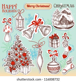 Christmas hand drawn symbols and stickers vector set