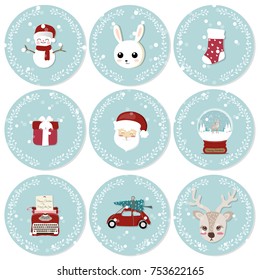 Christmas hand drawn template with snowman, Santa, rabbit, reindeer, socks, present, typewriter, snow globe, cars, Christmas trees and wreath. Vector illustration.