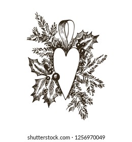 Christmas hand drawn toy heart and fur tree for xmas design. With balls, toys, holly berries. Vintage Xmas design. Isolated on white background