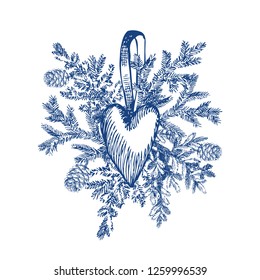 Christmas hand drawn toy heart and fur tree for xmas design. With balls, toys, holly berries. Vintage Xmas design. Isolated on white background