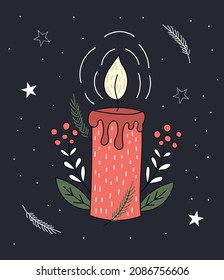 vela vectorial de Navidad dibujada a mano. Artículos de invierno para scrapbook, medios sociales, web, tarjetas de felicitación. diseño estacional 