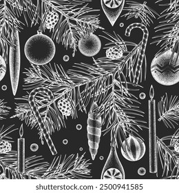 Christmas Hand Drawn Vector Chalk Board Seamless Pattern. Vintage Style Botanical Illustration. Winter Holidays Plants Xmas Background.