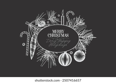 Navidades Dibujado A Mano Plantilla De Diseño De Tablero De Tiza De Vector. Ilustración botánica del estilo de Antiguas. Vacaciones de invierno Plantas Anuncio de Navidad.