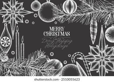 Christmas Hand Drawn Vector Chalk Board Design Template. Vintage Style Botanical Illustration. Winter Holidays Plants Xmas Banner.