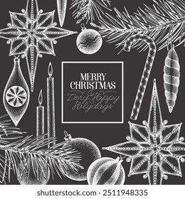 Christmas Hand Drawn Vector Chalk Board Design Template. Vintage Style Botanical Illustration. Winter Holidays Plants Xmas Banner.