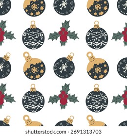 Christmas hand drawn vector festive seamless pattern with Christmas ornaments, snowmen, santa claus.