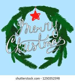 Christmas hand drawn vector greeting card with hand lettering and decorative wreath