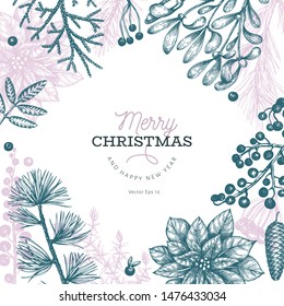 Christmas hand drawn vector greeting card template. Botanical design. Retro style illustration