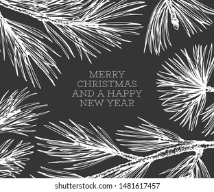 Christmas hand drawn vector greeting card template. Botanical design. Retro style illustration on chalk board