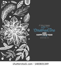 Christmas hand drawn vector greeting card template. Botanical design. Retro style illustration on chalk board