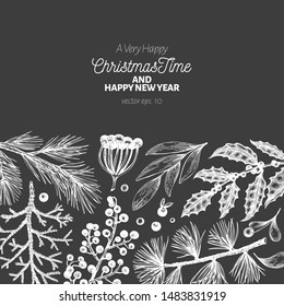 Christmas hand drawn vector greeting card template. Vintage style illustration on chalk board