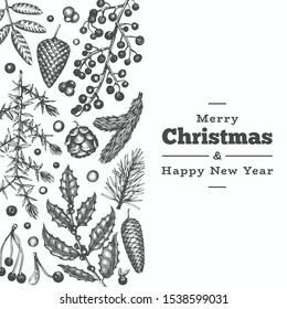Christmas hand drawn vector greeting card template. Botanical design. Retro style illustration