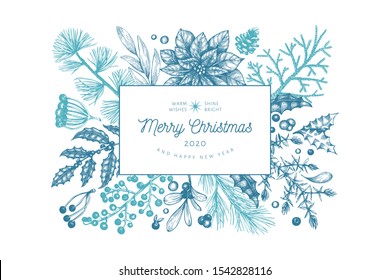 Christmas hand drawn vector greeting card template. Vintage style illustration