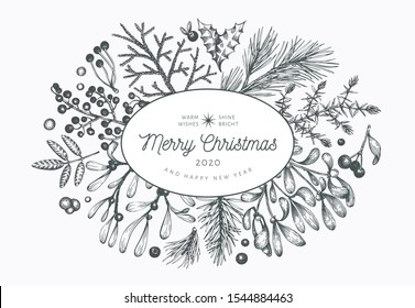 Christmas hand drawn vector greeting card template. Vintage style illustration