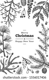 Christmas hand drawn vector greeting card template. Botanical design. Retro style illustration