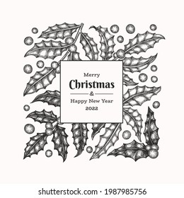 Weihnachtshandgezeichnete Vektor Grußkartendesign-Vorlage. Botanische Illustration im Vintage-Stil. Winterpflanzen Weihnachtsbanner.
