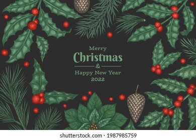 Christmas hand drawn vector greeting card design template. Vintage style botanical illustration. Winter plants xmas banner.