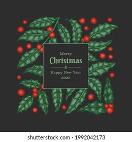 Christmas hand drawn vector greeting card design template. Vintage style botanical illustration. Winter plants xmas banner.