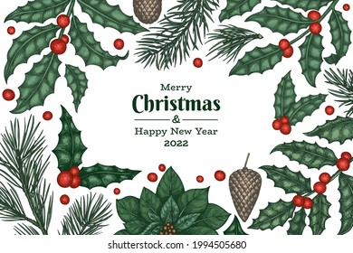 Christmas hand drawn vector greeting card design template. Vintage style botanical illustration. Winter plants xmas banner.