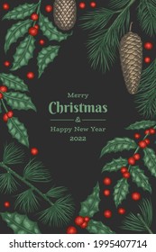 Christmas hand drawn vector greeting card design template. Vintage style botanical illustration. Winter plants xmas banner.