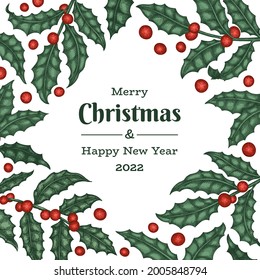 Weihnachtshandgezeichnete Vektor Grußkartendesign-Vorlage. Botanische Illustration im Vintage-Stil. Winterpflanzen Weihnachtsbanner.