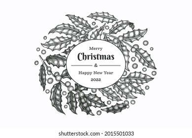 plantilla de diseño de tarjetas de felicitación vectorial de Navidad dibujada a mano. Ilustración botánica de estilo vintage. Cartel de Navidad de plantas de invierno.