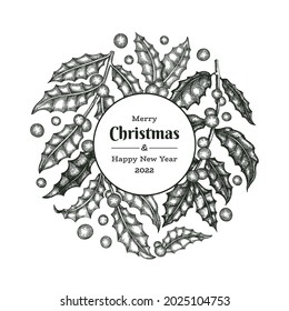 Christmas hand drawn vector greeting card design template. Vintage style botanical illustration. Winter plants xmas banner.