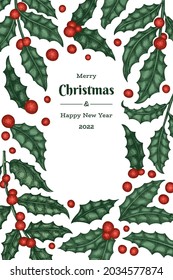 Christmas hand drawn vector greeting card design template. Vintage style botanical illustration. Winter plants xmas banner.