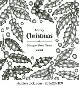 Christmas hand drawn vector greeting card design template. Vintage style botanical illustration. Winter plants xmas banner.